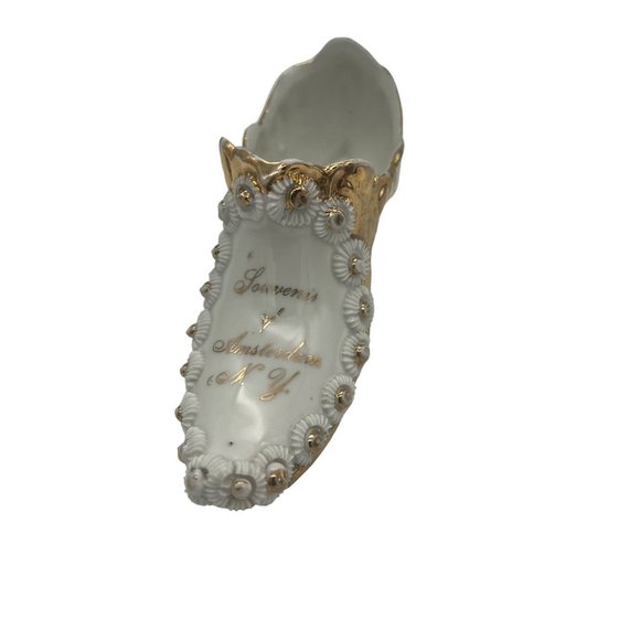 Vintage Porcelain Souvenir Shoe from Amsterdam New York White Gold Trim 6" Long - Picture 1 of 6